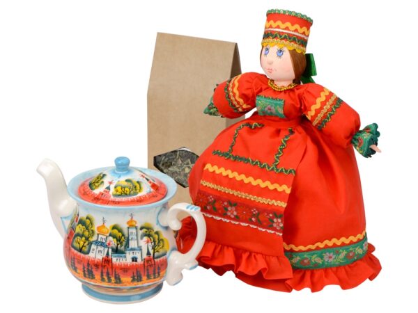 Подарочный набор «Кремлевский»: кукла на чайник, чайник заварной с росписью, чай травяной 1