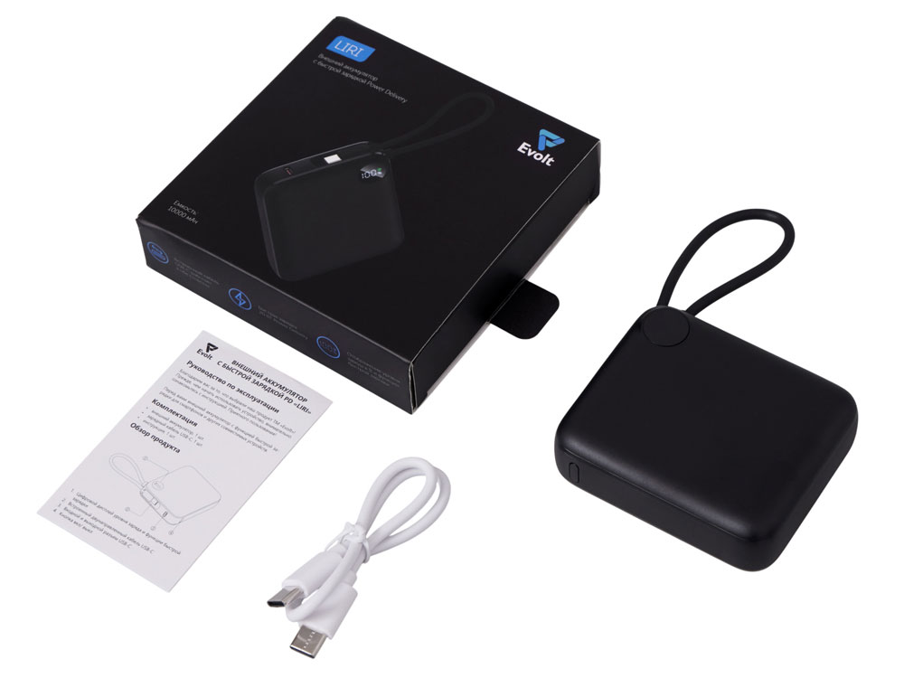 489dc78e24b6deff.jpg Внешний аккумулятор со встроенным кабелем «Liri», QC/PD, 10000 мАч 2