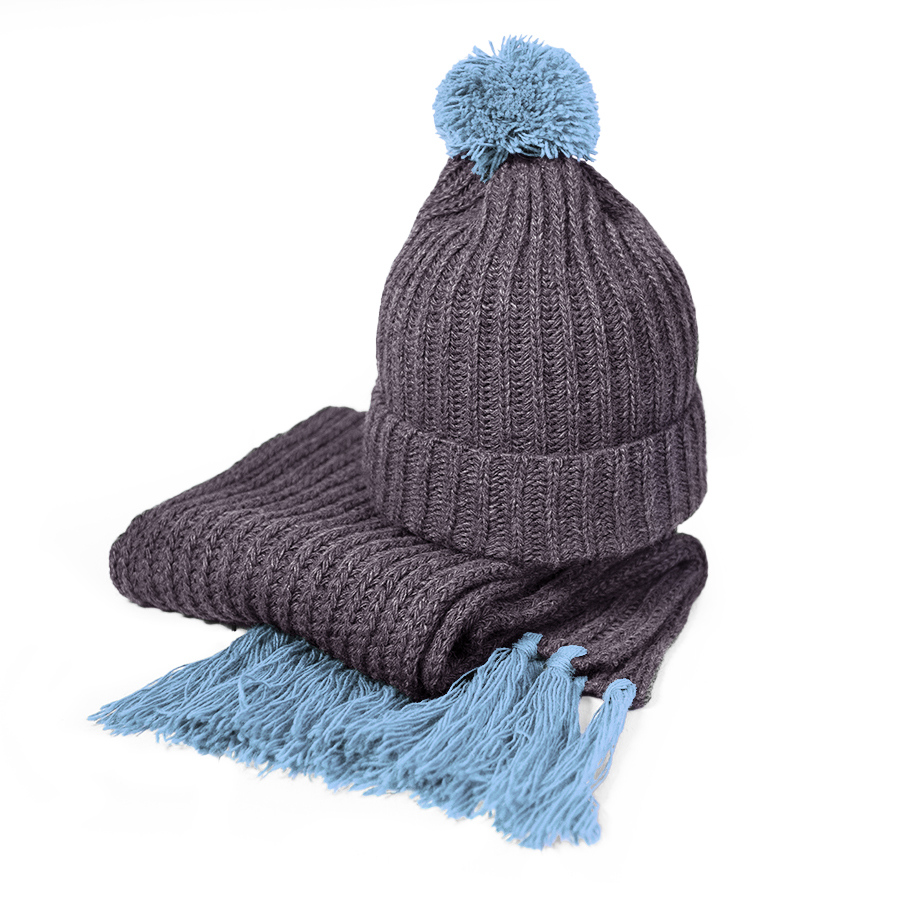 0f149008-0e6b-11ed-9628-00155da68a10 Вязаный комплект шарф и шапка GoSnow, антрацит c фурнитурой, голубой, 70% акрил,30% шерсть 1